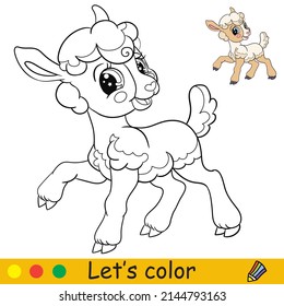 Cartoon cute happy lamb. Coloring book page with colorful template for kids. Vector isolated illustration. For coloring book, print, game, party, design