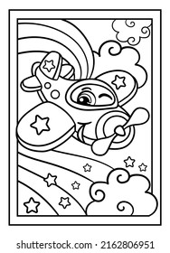 Cartoon cute happy plane in the sky. Coloring book page with black contour for kids. Vector isolated illustration. For coloring book, print, game, party, design
