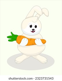 Cartoon Cute and happy rabbit holding carrot. Isolated.