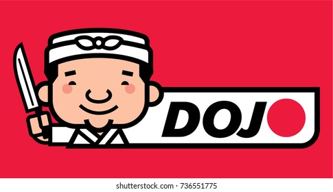 Cartoon cute happy smiling Japanese chef holds a knife with big sign board. Vector mascot character.