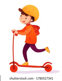 Cartoon cute happy smiling preschool boy schoolboy character in protective helmet with backpack riding scooter isolated on white. Everyday activities or walk. Child safety on road. Vector illustration