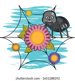 Cartoon of a cute happy spider over a spiderweb with flowers - Vector