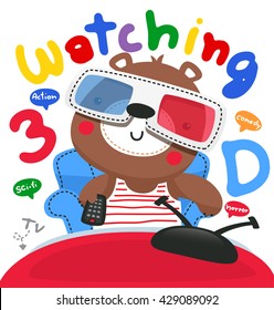 Cartoon cute happy teddy bear watching 3D movie on tv, on white background illustration vector.