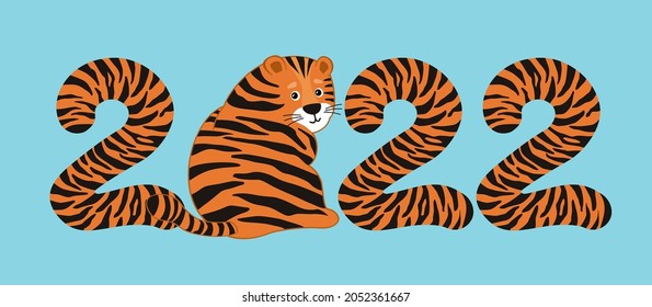 Cartoon cute happy tiger sits back. Happy Chinese New Year 2022 card
