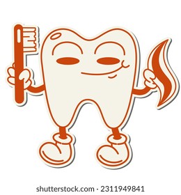 Cartoon cute happy tooth.70, 80, retro style