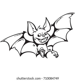 Cartoon cute happy vampire bat. Halloween character Black and white sketch.  Hand drawn vector illustration isolated on white background.