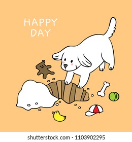 Cartoon cute happy white dog dig ground and toy vector.