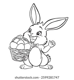 Cartoon cute hare. Kawaii easter bunny with basket of painted eggs coloring page for kids