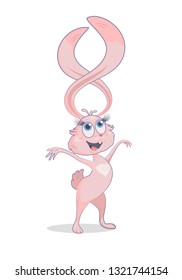 Cartoon cute hare with twisted long ears into the shape of figure eight. It is standing with spread arms out to the sides. isolated on a white background.