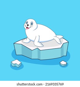 Cartoon cute harp seal sitting on a floating ice floe. Animal vector illustration