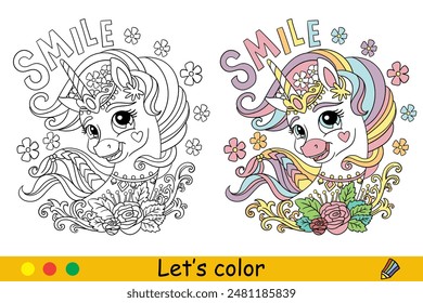 Cartoon cute head of unicorn with lettering. Kids coloring page. Unicorn character. Black outline on white background. Vector isolated illustration with colorful template. For coloring, print, design