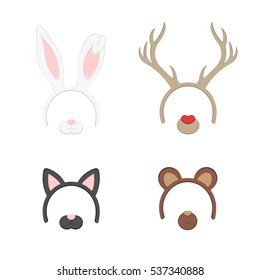 Cartoon Cute Headband with Ears Holiday Set. Rabbit, deer, cat, bear. Flat Design Style. Party Mask Vector illustration