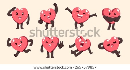 Cartoon cute heart character different poses vector set for design.