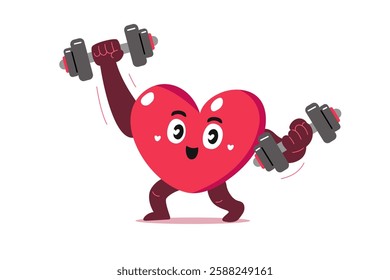 Cartoon cute heart character doing dumbbells weight training for design.