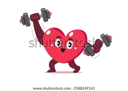 Cartoon cute heart character doing dumbbells weight training for design.