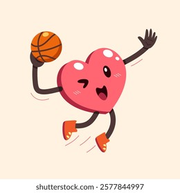 Cartoon cute heart character playing basketball for design.