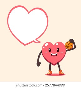 Cartoon cute heart character playing basketball with speech bubble for design.