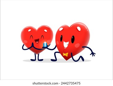 Caricatura lindo corazón personaje propone matrimonio y da anillo, vector amor emoji. Alegre personaje feliz del corazón que hace la propuesta para el compromiso de la boda de matrimonio en la rodilla con el anillo en la caja de regalo