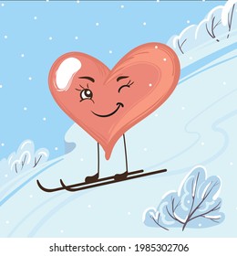 Cartoon cute heart skiing in the mountains in winter. Hand drawn vector illustration for kids