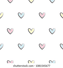 Cartoon cute hearts on white background, seamless pattern, vector illustration.