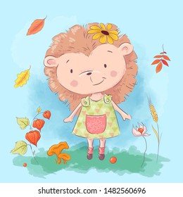 Cartoon cute hedgehog and autumn leaves and flowers. Vector illustration