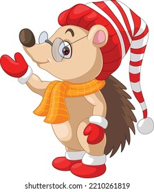 Cartoon cute hedgehog wearing hat and scarf