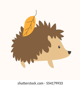 Cartoon Cute Hedgehog with the Yellow Leaf on the Back. Flat Design Style. Vector illustration