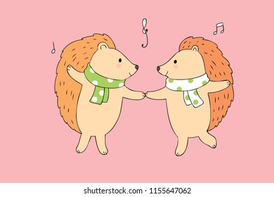 Cartoon cute hedgehogs dancing vector.