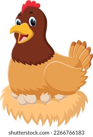 Cartoon cute hen in the nest brooding her egg