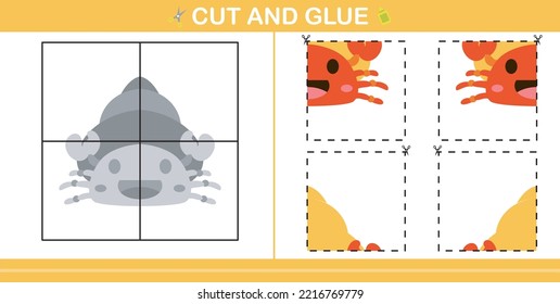 cartoon cute hermit crab.education paper game for kindergarten and preschool.cut and glue game