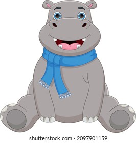 cartoon cute hippo sitting and wearing a scarf