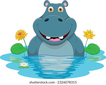 cartoon cute hippo in the water