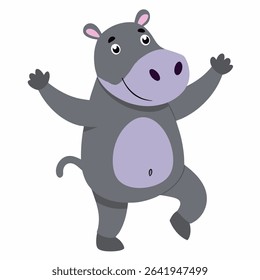 Cartoon cute hippopotamus dancing. Colorful hippo. Suitable for children's books, sticknders, mascots, logos. Isolated vector illustration on a white backgraund.