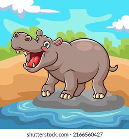 Cartoon Cute Hippopotamus Playing On The River