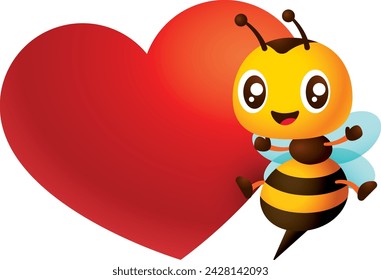 Cartoon cute honey bee with big love heart empty signboard character illustration