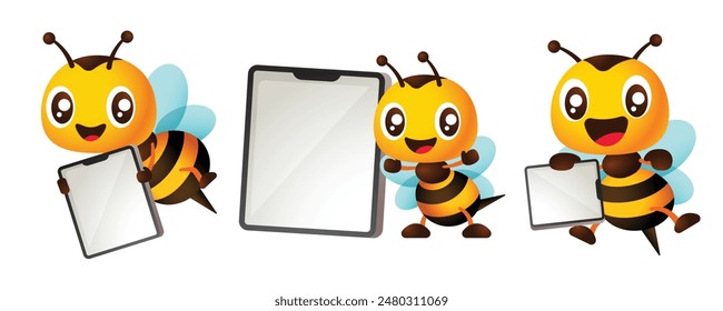 Cartoon cute honey bee with empty big screen tablet signboard mascot set. Character illustration