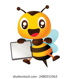 Cartoon cute honey bee hand pointing empty big screen tablet signboard. Vector character illustration