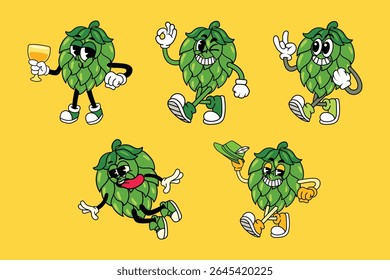 Cartoon bonito salto Oktoberfest personagens com faces expressivas e poses em estilo mascote retro