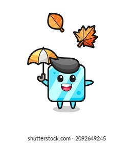 dibujos animados del lindo cubo de hielo sosteniendo un paraguas en otoño, diseño de estilo lindo para camiseta, pegatina, elemento logo