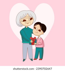 Cartoon cute illustration with family. Grandson giving a gift to grandma. Happy grandparents and grandchildren. Vector illustration family traditions