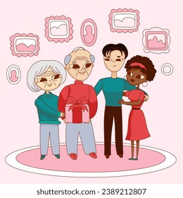 Cartoon cute illustration with family. Happy elderly parents and adult children. International family. Gifts holidays. Vector illustration of a happy family. Family traditions