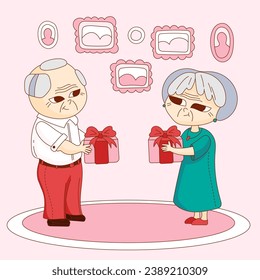 Cartoon cute illustration with grandparents giving a gift. Joyful old age. Vector illustration for design. Postcard. Holiday card. Grandparents, happily married. The Joy of Giving