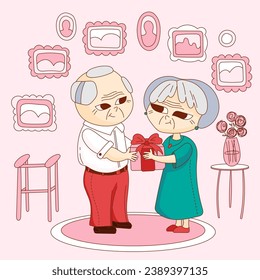 Cartoon cute illustration with grandparents holding a gift. Joyful old age. Vector illustration for design. Postcard. Holiday card for grandma and grandfather. Happy married couple in old age