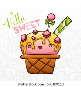 Cartoon cute illustration of ice cream. Stylish unique art. Kawaii face on the delicious dessert. Hipster greeting card. Vector illustration.