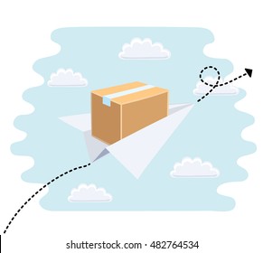 Cartoon cute illustration of paper toy airplane flying in the sky with package. Fast delivery and flight path