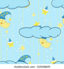 Cartoon cute illustration seamless pattern for a child's room or bed linen and pajamas with smiling moon and stars. Vector illustration.