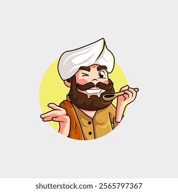 cartoon cute indian chef mascot logo welcoming happily while holding a spoon