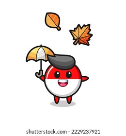 cartoon of the cute indonesia flag badge holding an umbrella in autumn , cute style design for t shirt, sticker, logo element