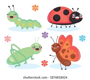 cartoon cute insects and flowers around over white background, colorful design, vector illustration