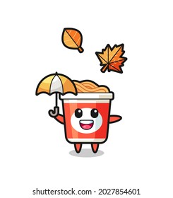 cartoon of the cute instant noodle holding an umbrella in autumn , cute style design for t shirt, sticker, logo element